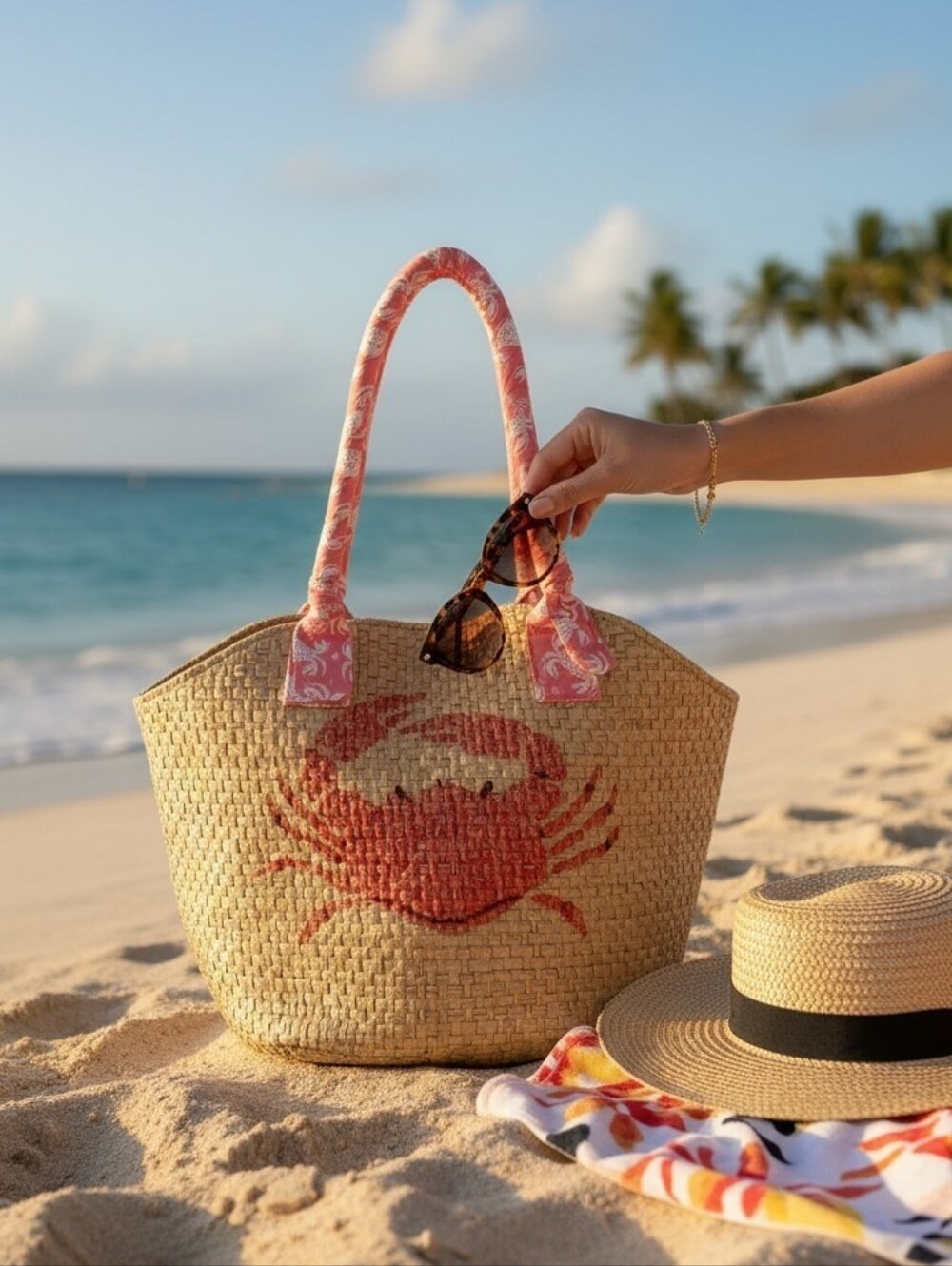 Lulu New With Tags Straw Crab Tote Bag | Coastal Beach Summer Nautical
